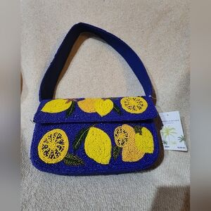 NWT America & Beyond Express Blue With Yellow Lemon Patterned Shoulder Purse